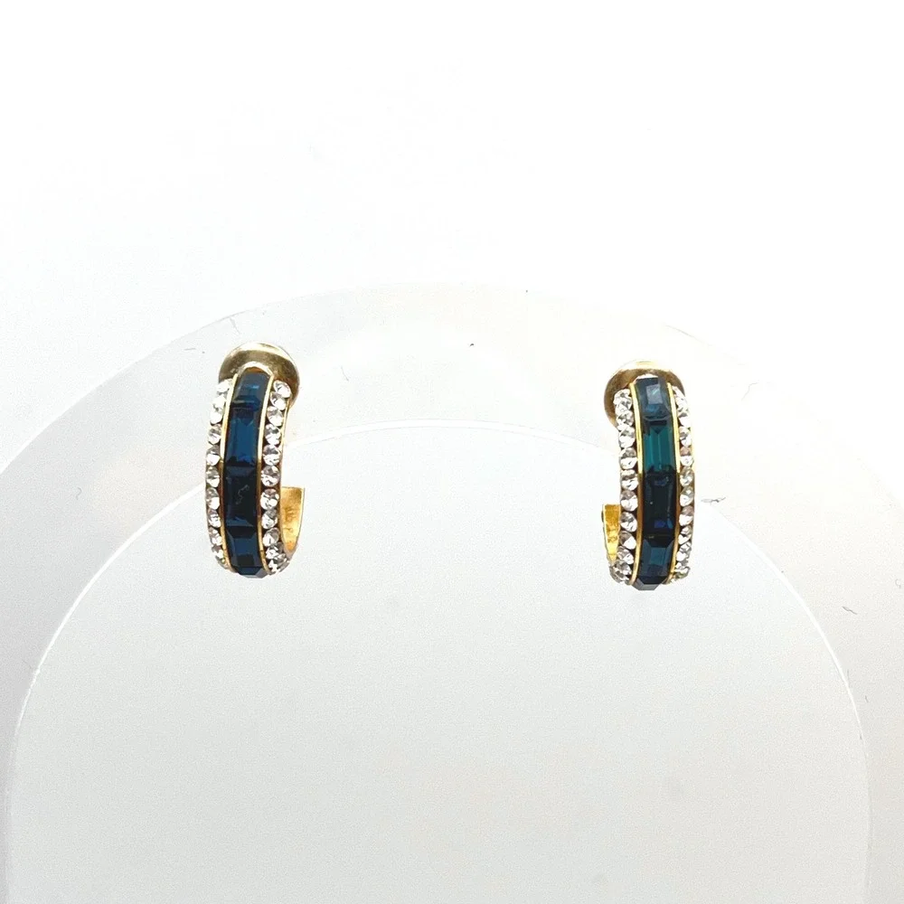 Gold Navy Blue Baguette Crystal Huggie Hoop Earrings Clear Rhinestone Post Back‎
